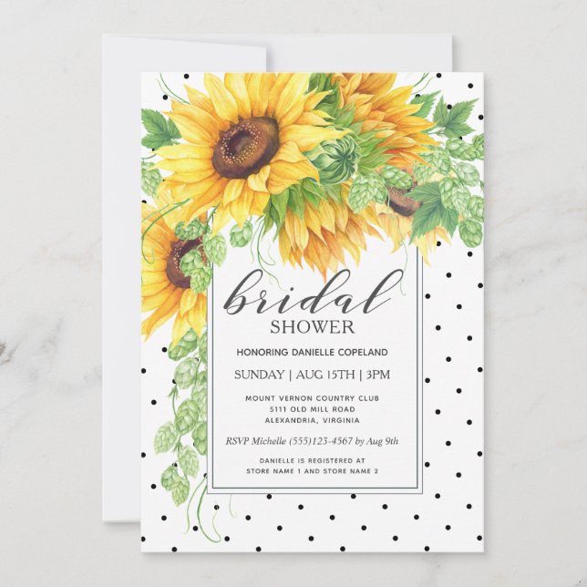 Sonnenblumen und Polka Dots Brautparty Einladung (Vorderseite)