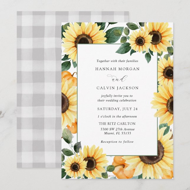 Sonnenblumen und Pumpkins Einladung Hochzeit (Vorne/Hinten)