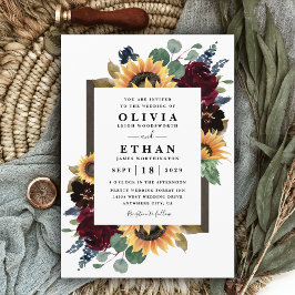 Sonnenblumen und Rose Burgund Red Navy Blue Weddin Einladung