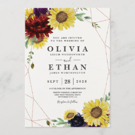 Sonnenblumen und Rose Burgund Red Navy Blue Weddin Einladung