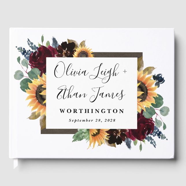 Sonnenblumen und Rose Burgund Red Navy Blue Weddin Gästebuch (Vorderseite)