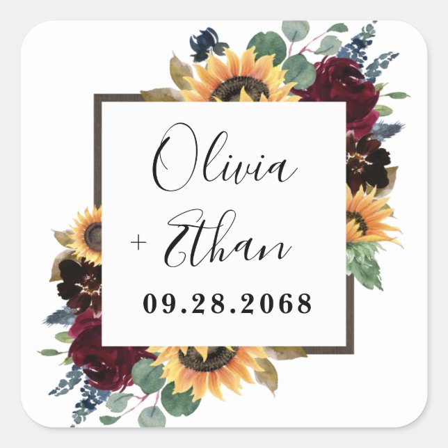 Sonnenblumen und Rose Burgund Red Navy Blue Weddin Quadratischer Aufkleber (Vorderseite)