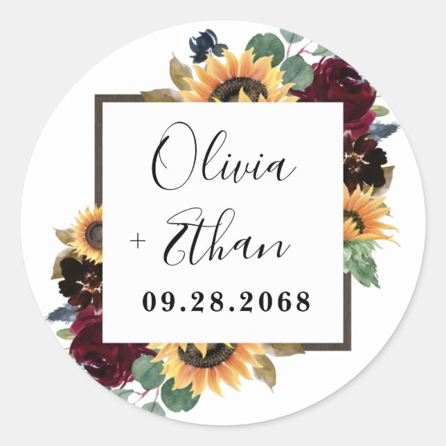 Sonnenblumen und Rose Burgund Red Navy Blue Weddin Runder Aufkleber (Vorderseite)