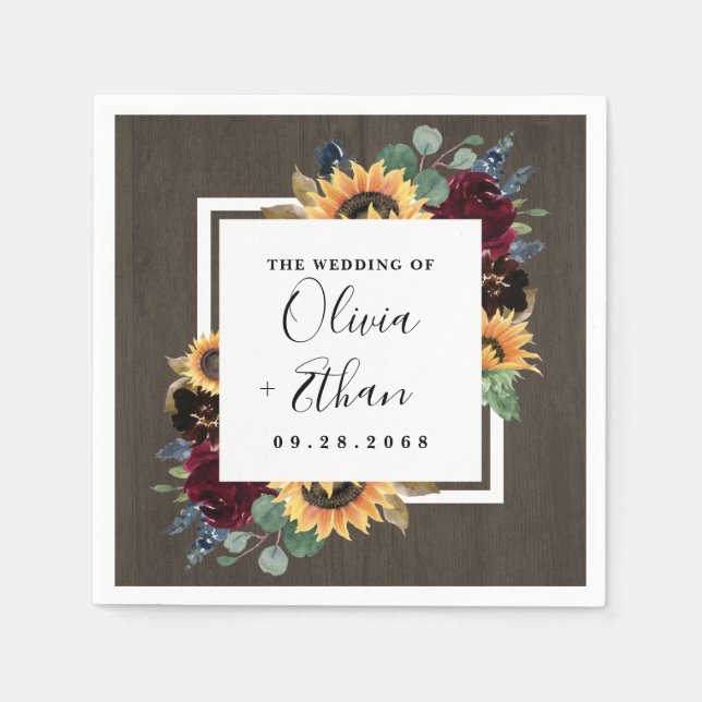 Sonnenblumen und Rose Burgund Red Navy Blue Weddin Serviette (Vorderseite)