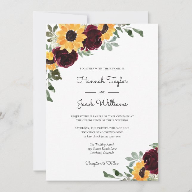 Sonnenblumen und Rose Burgund Red Wedding Einladung (Vorderseite)