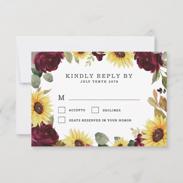 Sonnenblumen und Rose Burgund Rot Rustikale Hochze RSVP Karte (Vorderseite)