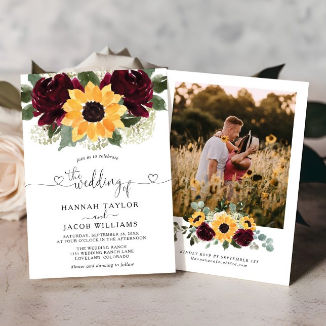 Sonnenblumen und Rose Burgund Rotes Foto Hochzeit Einladung (Von Creator hochgeladen)