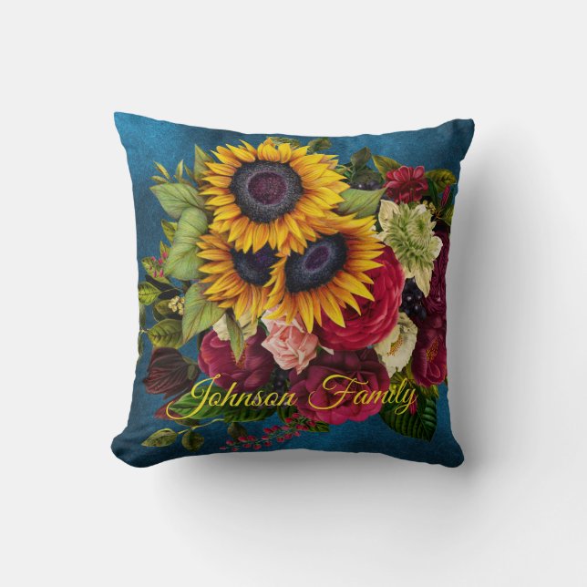 Sonnenblumen und Rose eleganter Familienname blau Kissen (Vorderseite)