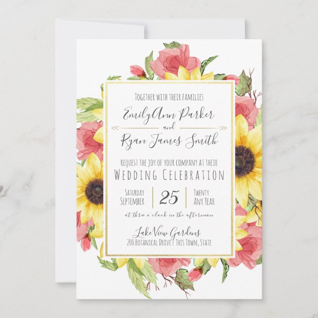 Sonnenblumen und Rose Goldrahmen Hochzeit Einladung (Vorderseite)