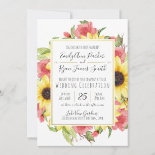 Sonnenblumen und Rose Goldrahmen Hochzeit Einladung