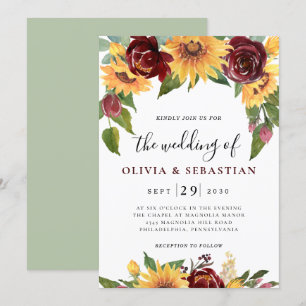 Sonnenblumen und Rose Hochzeit von Burgund Rote Ve Einladung