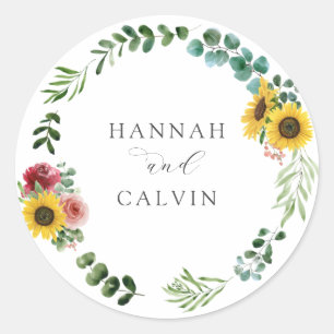 Sonnenblumen und Rose Hochzeitsticker Runder Aufkleber
