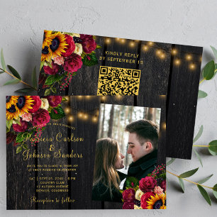 Sonnenblumen und Rosen QR-Code-Foto rustikale Hoch Einladung