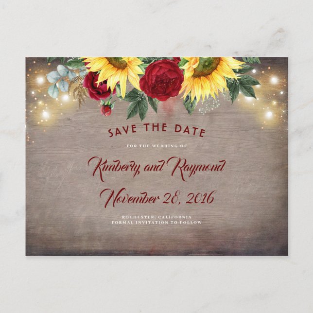 Sonnenblumen und rote Blume fallen Save the Date Ankündigungspostkarte (Vorderseite)