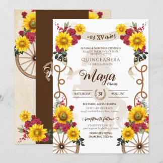 Sonnenblumen und Rote Rosen Rustikale Charro Quinc Einladung