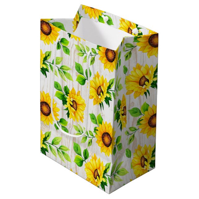 Sonnenblumen und rustikales Holz Botanisches Party Mittlere Geschenktüte (Vorderseite Schrägansicht)