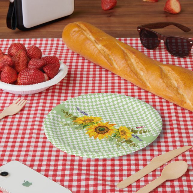 Sonnenblumen und Schachbrett Pappteller (Picknick)
