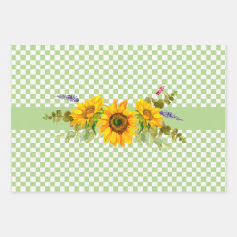 Sonnenblumen und Schachbrettmuster Geschenkpapier Set