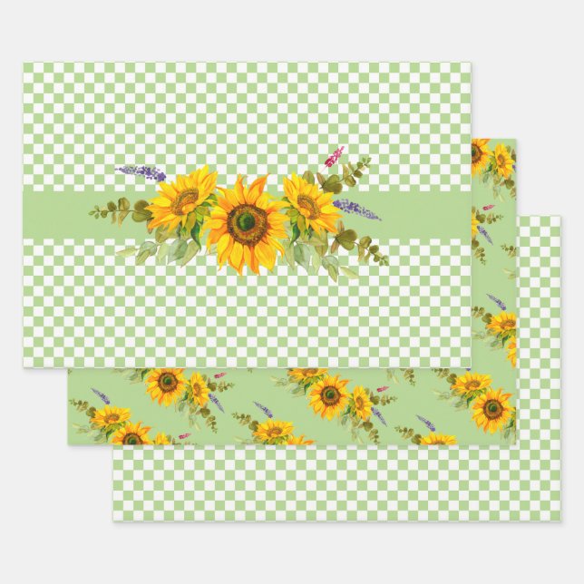 Sonnenblumen und Schachbrettmuster Geschenkpapier Set (Set)