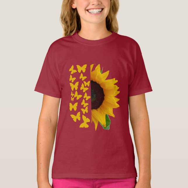 Sonnenblumen und Schmetterling Print T-Shirt (Vorderseite)