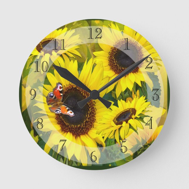 Sonnenblumen und Schmetterling Runde Wanduhr (Vorderseite)