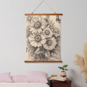 Sonnenblumen und Schmetterling - Rustikales Papier Wandteppich Mit Holzrahmen