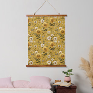 Sonnenblumen und Schmetterlinge auf gelbem Hinterg Wandteppich Mit Holzrahmen