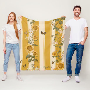 Sonnenblumen und Schmetterlinge auf gelben Streife Fleecedecke