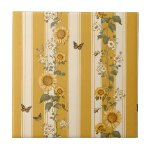 Sonnenblumen und Schmetterlinge auf gelben Streife Fliese