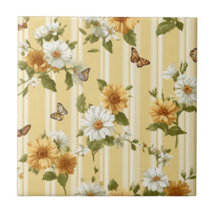 Sonnenblumen und Schmetterlinge auf gelben Streife Fliese