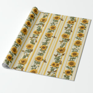 Sonnenblumen und Schmetterlinge auf gelben Streife Geschenkpapier