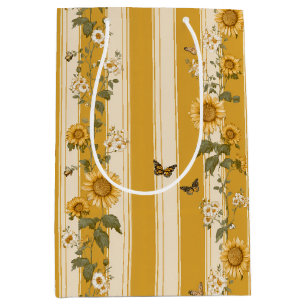Sonnenblumen und Schmetterlinge auf gelben Streife Mittlere Geschenktüte