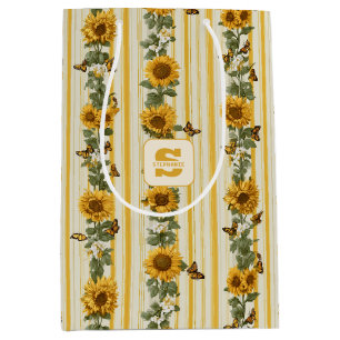 Sonnenblumen und Schmetterlinge auf gelben Streife Mittlere Geschenktüte