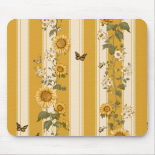 Sonnenblumen und Schmetterlinge auf gelben Streife Mousepad