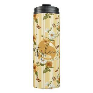 Sonnenblumen und Schmetterlinge auf gelben Streife Thermosbecher