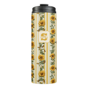 Sonnenblumen und Schmetterlinge auf gelben Streife Thermosbecher