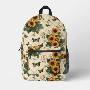 Sonnenblumen und Schmetterlinge auf hellem Gelb Bedruckter Rucksack