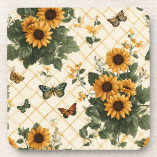Sonnenblumen und Schmetterlinge auf hellem Gelb Getränkeuntersetzer
