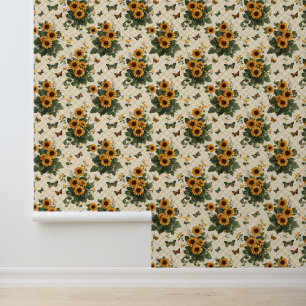 Sonnenblumen und Schmetterlinge auf hellem Gelb Tapete