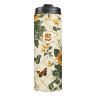 Sonnenblumen und Schmetterlinge auf hellem Gelb Thermosbecher