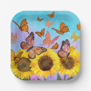 Sonnenblumen und Schmetterlinge farbenfroh-gelb-br Pappteller