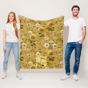 Sonnenblumen und Schmetterlinge im gelben Hintergr Fleecedecke