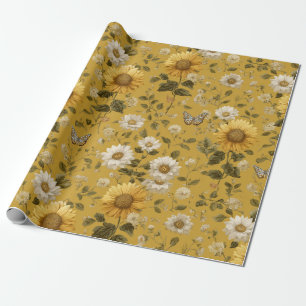 Sonnenblumen und Schmetterlinge im gelben Hintergr Geschenkpapier
