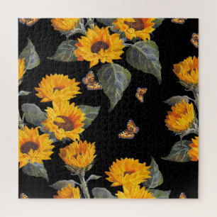 Sonnenblumen und Schmetterlinge: Schwarzer Untergr