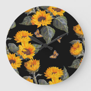 Sonnenblumen und Schmetterlinge: Schwarzer Untergr Große Wanduhr