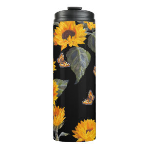 Sonnenblumen und Schmetterlinge: Schwarzer Untergr Thermosbecher