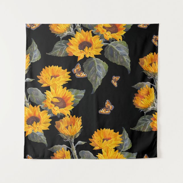 Sonnenblumen und Schmetterlinge: Schwarzer Untergr Wandteppich (Vorderseite)