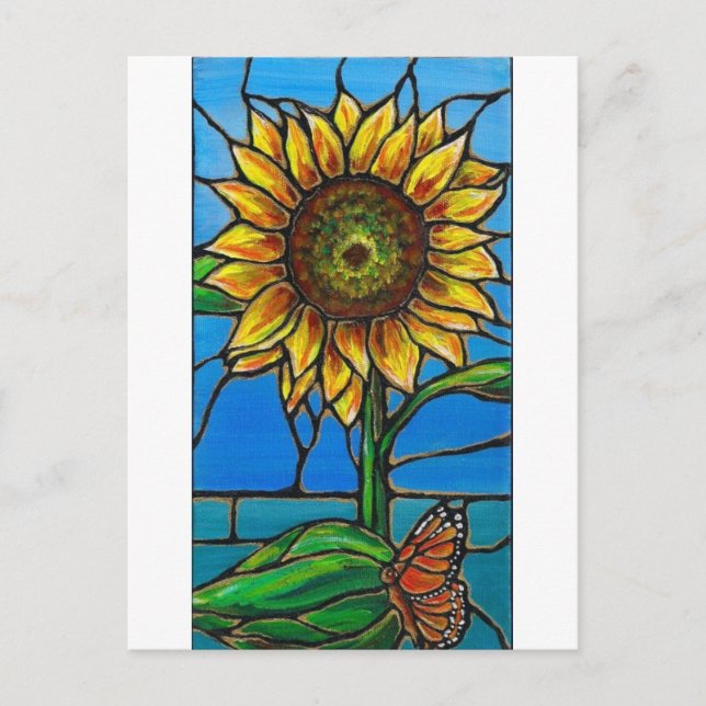 Sonnenblumen und Schmetterlingskunst - Buntglassti Postkarte (Vorderseite)