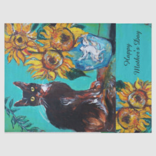 SONNENBLUMEN UND SCHWARZE KATZE AM AQUAMARINEN Mut Seidenpapier