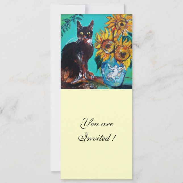 SONNENBLUMEN UND SCHWARZE KATZE IM AQUAMARINEN Par Einladung (Vorderseite)